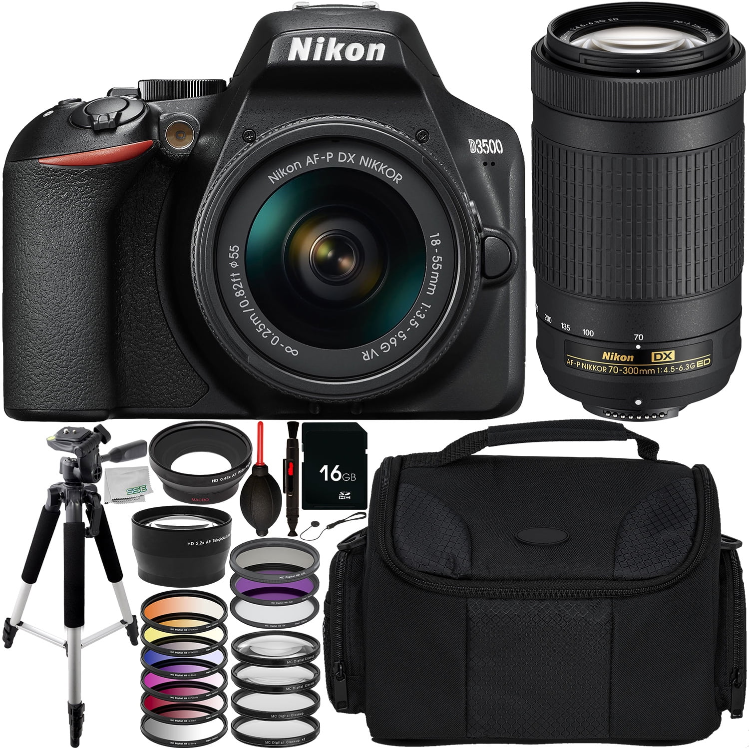 Nikon D3500 DSLR Camera with 1855mm & 70300mm Lenses & 12PC Accessory