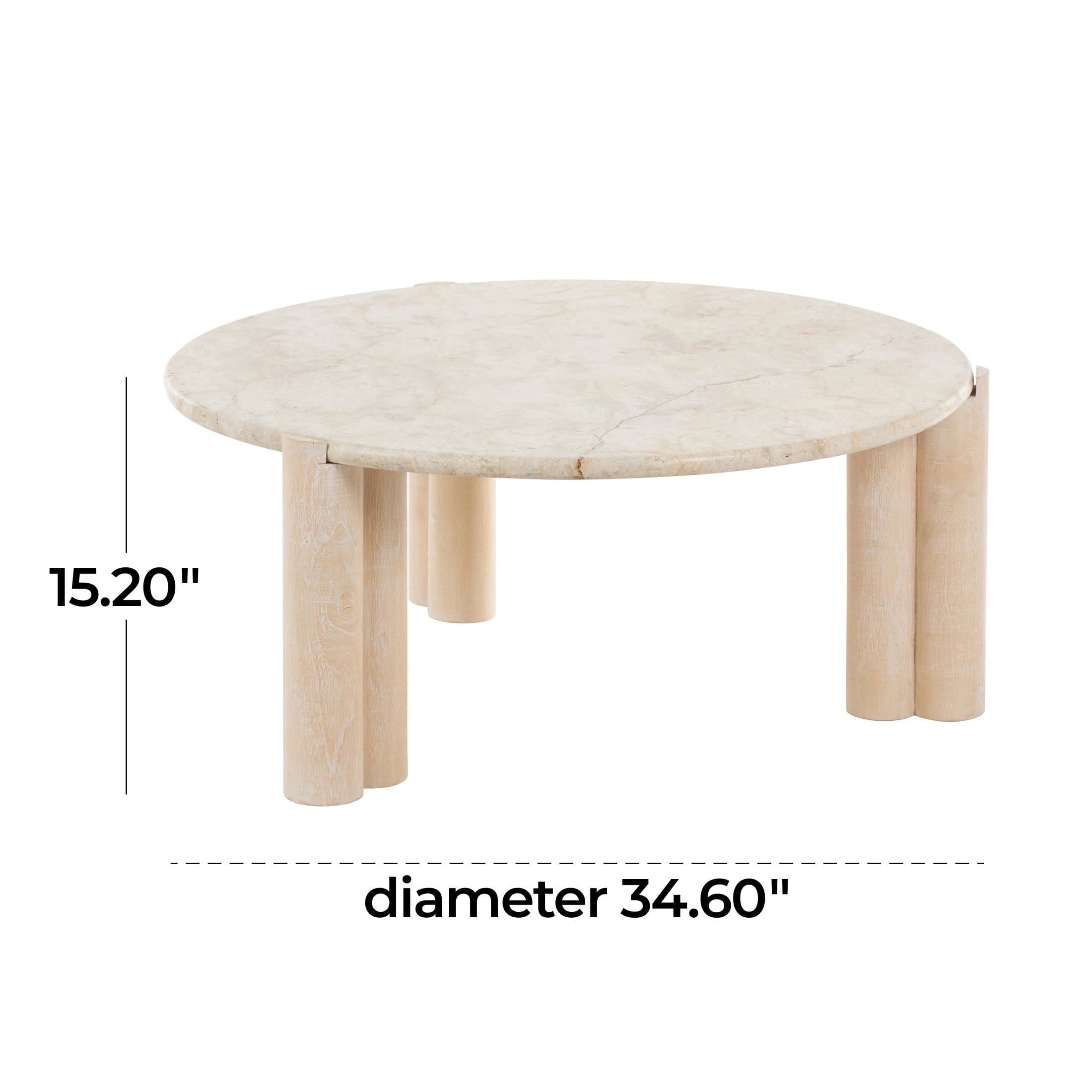 DecMode 35" x 15" Cream Teak Wood Handmade Coffee Table with Beige Marble Tabletop, 1-Piece