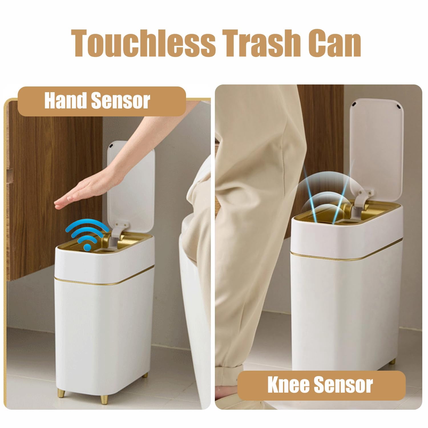 Motion Sensor Trash Can Bathroom Automatic Touchless Lid - Sensor Garbage Can - Bathroom, Bedroom, Kitchen, Laundry Room, Small Spaces - Compact Smart Trash Bin - White with Gold Edge, 1Pack