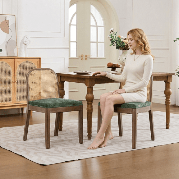 QuzyAor armhouse Solid Wood Dining Chairs Set of 2, Curved Rattan Back Accent Chairs with Green Chenille Cushion, Upholstered Kitchen Side Chair
