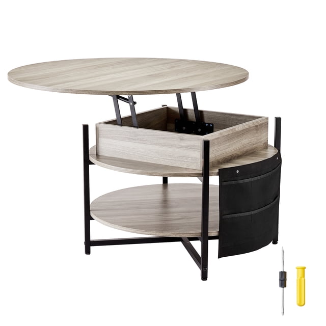 KFFKFF Table Basse Élévatrice, 35,3 Po Design Circulaire avec Compartiments de Rangement Supplémentaires, Table à Plateau Relevable pour l'Aire de Vie, Blanc