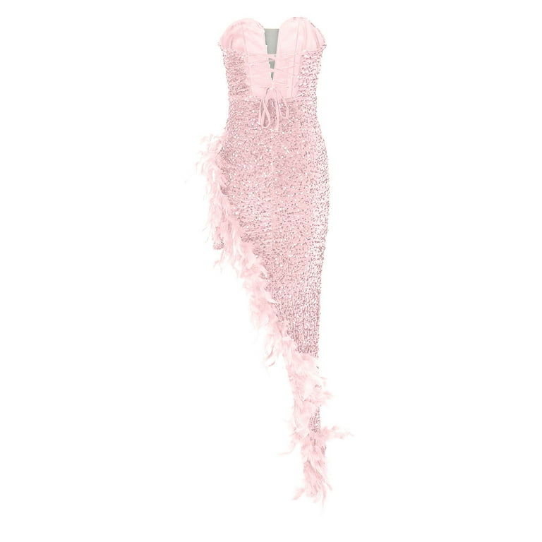 pink feather dress plus size Plus Size Pink Party See-Through Feather Long Sleeve Sequin Mini Dress