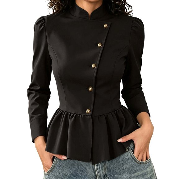 JIAYUE Women Cardigan Stand Collar Solid Color Long Sleeve Peplum Jacket Button Front Puff Shoulder Tops For Fall Daily Wear