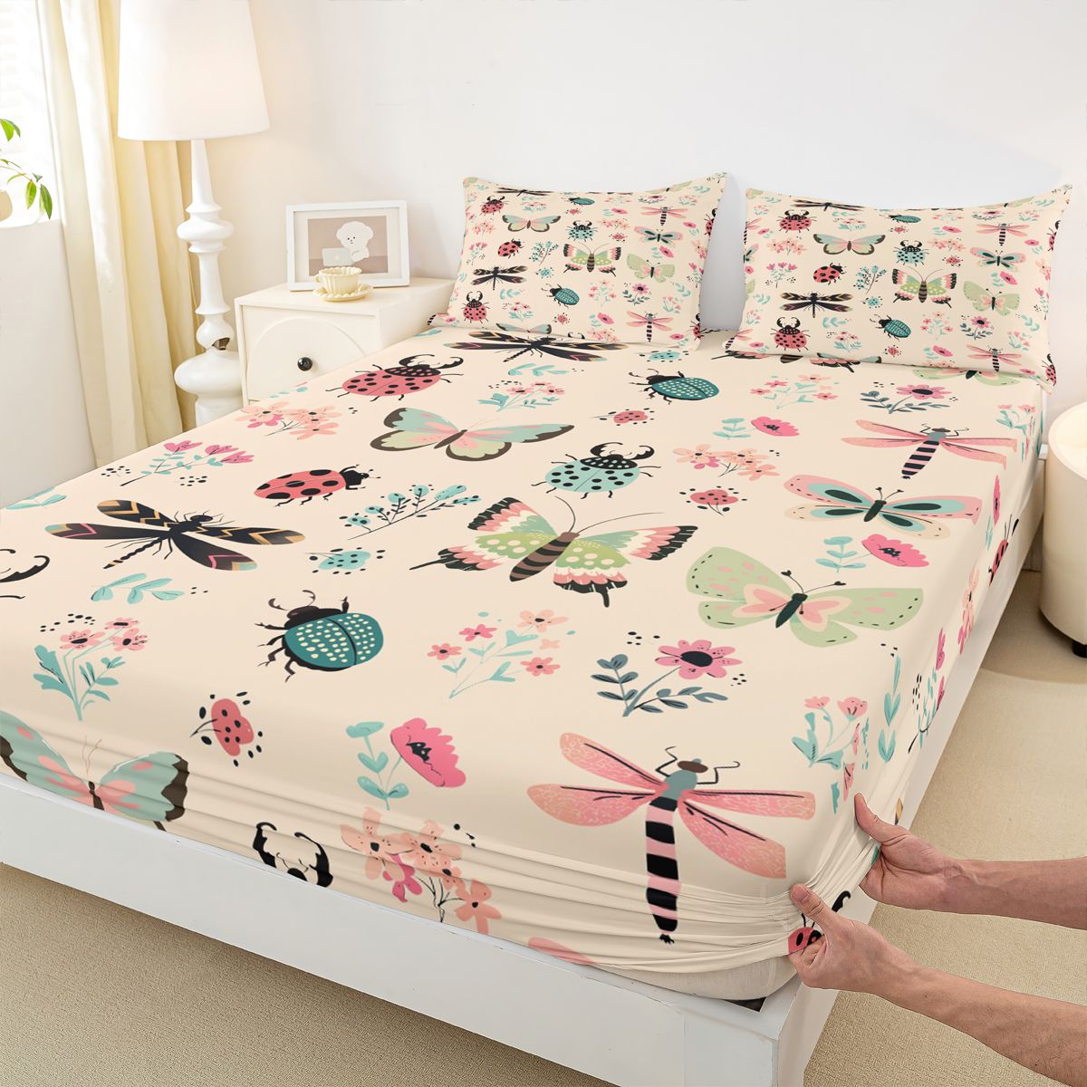 Homewish Cartoon Butterfly Ladybug Bed Sheets, Cute Animal Insect King Sheets, Princess Wheat Cartoon Sheet Set, Microfiber Bedroom Decor, 4 Pieces
