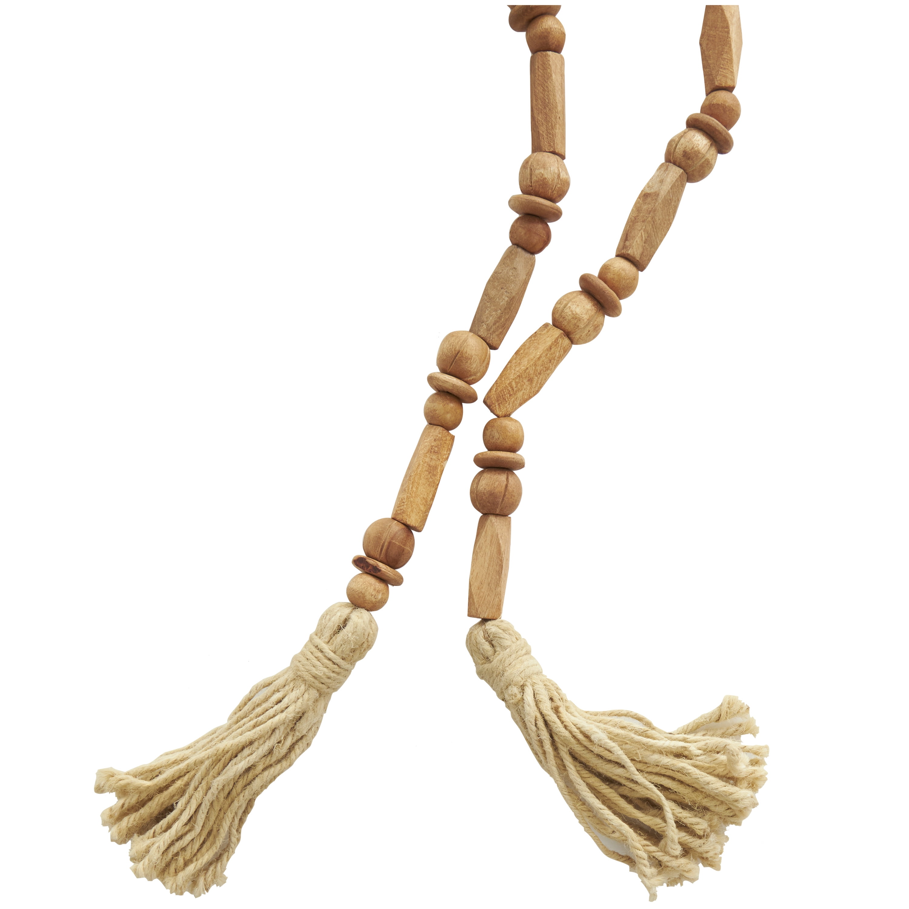 DecMode Handmade Rectangle Carved Geometric Long Beaded Brown Mango Wood Garland with Tassel