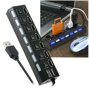 7 Port USB Hub for Laptop Computer Adapter, Multiport 2.0 Splitter with On Off Switches for Windows PC Smartphone Charging Data Transfer