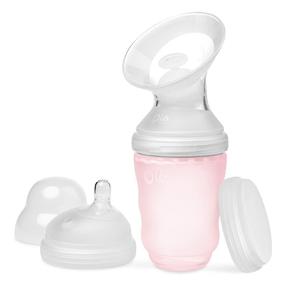 Olababy Manual Breast Pump + Baby Bottle (8oz,Rose) - Breast Milk Catcher + Silicone Bottle & Storage Lid | Breastmilk Collector | Breastfeeding & Newborn Essentials | New Mom Gift for Pregnant Women