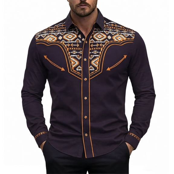 CONZONE Mens Western Cowboy Shirts Long Sleeve Buttons Down Shirts for Men Trendy Graphic Lapel Soft Lightweight Tops