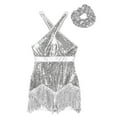 thumbnail image 4 of TiaoBug Womens Latin Jazz Dance Leotard Sequins Tassel Gymnastics Jumpsuit with Hair Tie Silver XL, 4 of 7