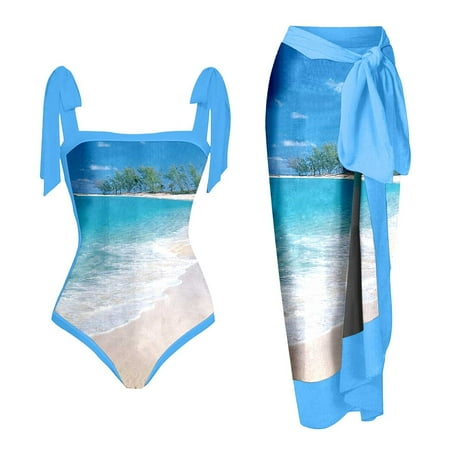 OJSFQUFP Swimming Suits for Women Blue Womens Bathing Suit Coverups Women Floral Print 1 Piece Swimwear 1 Piece Cover up Two Piece Print Swimsuit Monokini Bikini Two Piece Tankini Set L