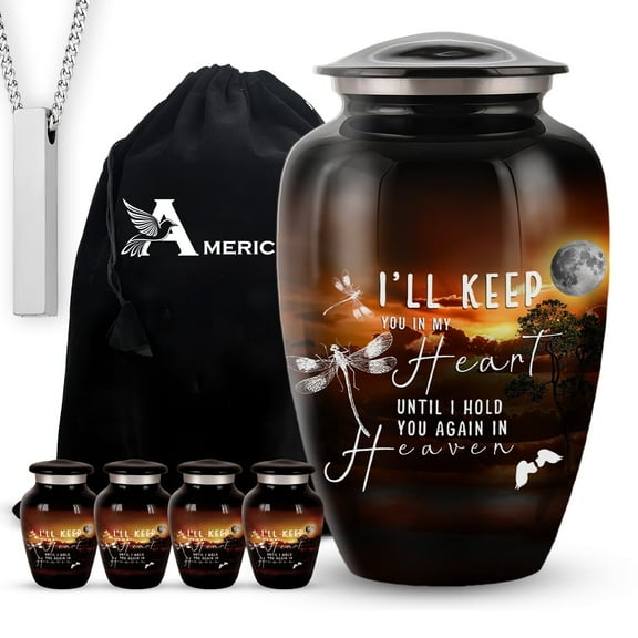 Set of 6 Moonlight Black Aluminum Cremation Urns – Memorial Set with 1 Large Adult Urn for Ashes, 4 Keepsake Urns & 1 Necklace