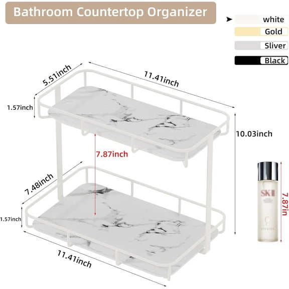 Bathroom Organizer Countertop Perfume Makeup Storage Display Rack Vanity Tray Stainless Steel Gold Shelf White Marble Ceramic Tray (2 Tier L-Cream)