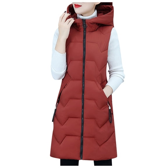 KaLI_store Women's Vest Women's Long Puffer Vest Cotton Sleeveless Puffy Jacket with Removable Hood Watermelon Red,3XL