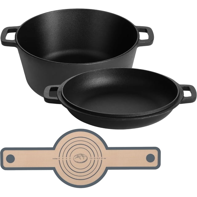 Olla holandesa de hierro fundido pre-sazonada, olla holandesa 2 en 1 de 5 cuartos con tapa de sartén y correa de silicona para pan, ideal para hornear pan, cocinar, guisar, freír, apta para inducción