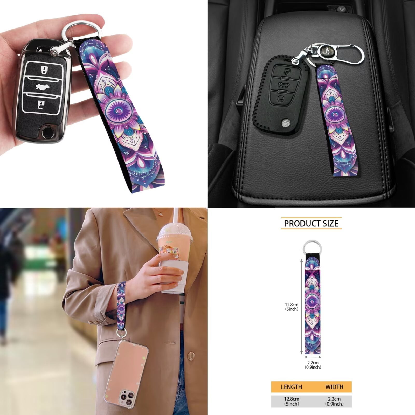 Jeiento Purple Boho Mandala Car Seat Covers Full Set with Headrest Covers, Auto Keychain Holder, Cup Coasters, Gear Shift Cover, Handbrake Cover, 11 Piece Automobile Interior Sets