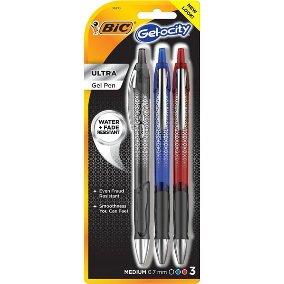 BIC Gel-ocity Ultra Retractable Gel Pen, Assorted Ink Colors, 3 Count, Premium gel pen features water, fade and fraud-resistant ink