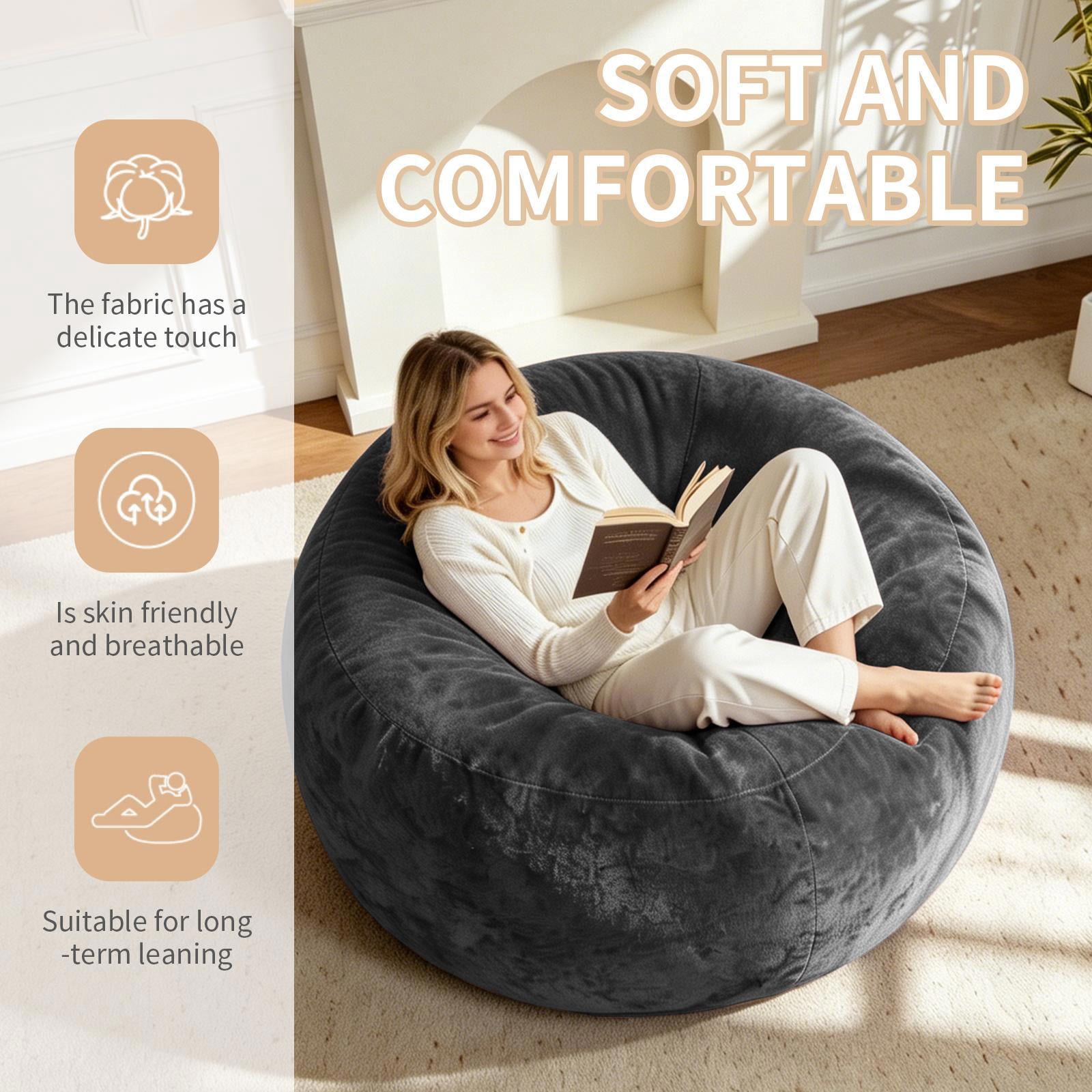 Hommoo 4FT Bean Bag Chair, Memory Foam Filling Soft Sofa with Flannel Cover, Round Sofa for Living Room, Bedroom, College Dorm, Dark Gray