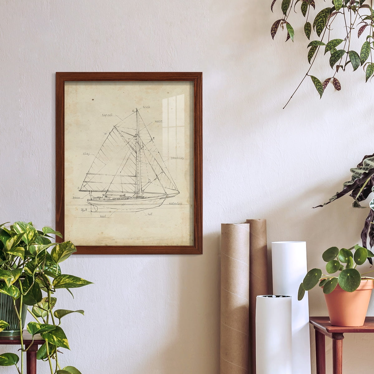 Sailboat Blueprint III -Framed Print w/glass-Chestnut