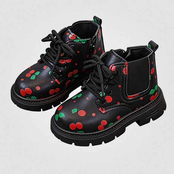 Viluyesy Girls Chelsea Ankle Boots Cherry Print Lace Up Elastic Casual Fashion Walking Shoes Black Size 9.5 Little Kids