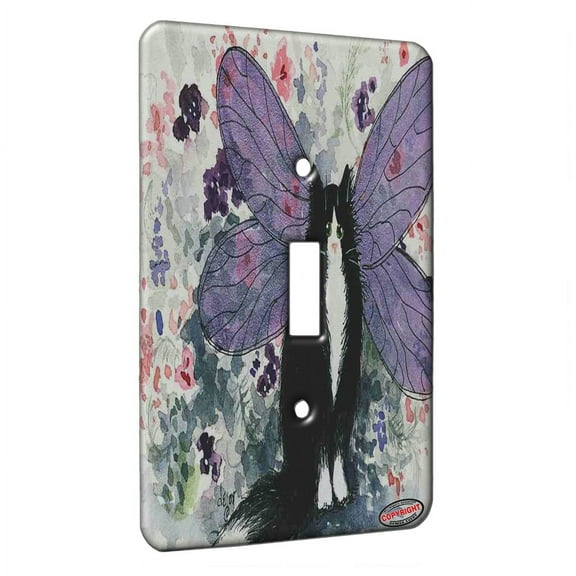 KuzmarK™ Single Gang Toggle Switch Wall Plate - Tuxedo Maine Coon Kitty Fairy with Lavender Wings Fantasy Cat Art by Denise Every