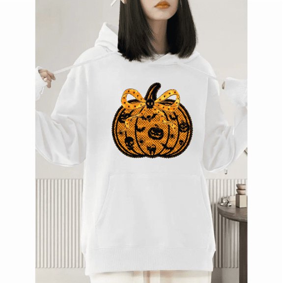 casual and fashionable long-sleeved with a hat, a slender bow, lace and pumpkin pattern White S-2XL