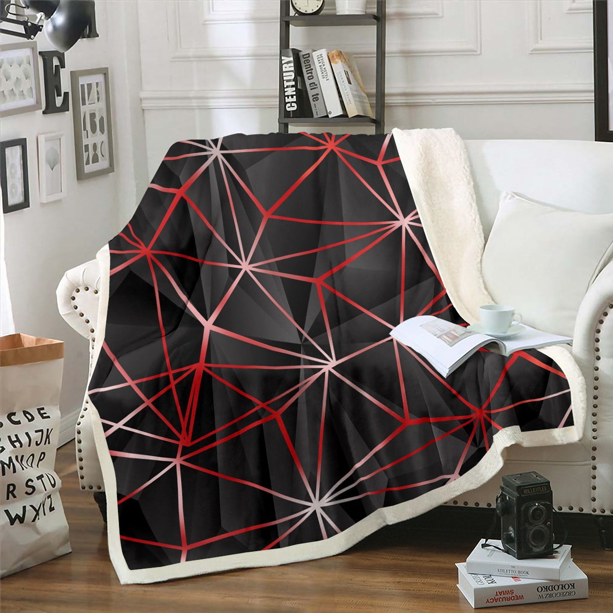 YST Geometric Fleece Blanket Geometry Irregular Diamond Throw Blanket For Kids Teens Adult Bedroom Geometrical Plush Bed Blanket Abstract Triangle Sherpa Blanket Black Red Twin Size Walmart