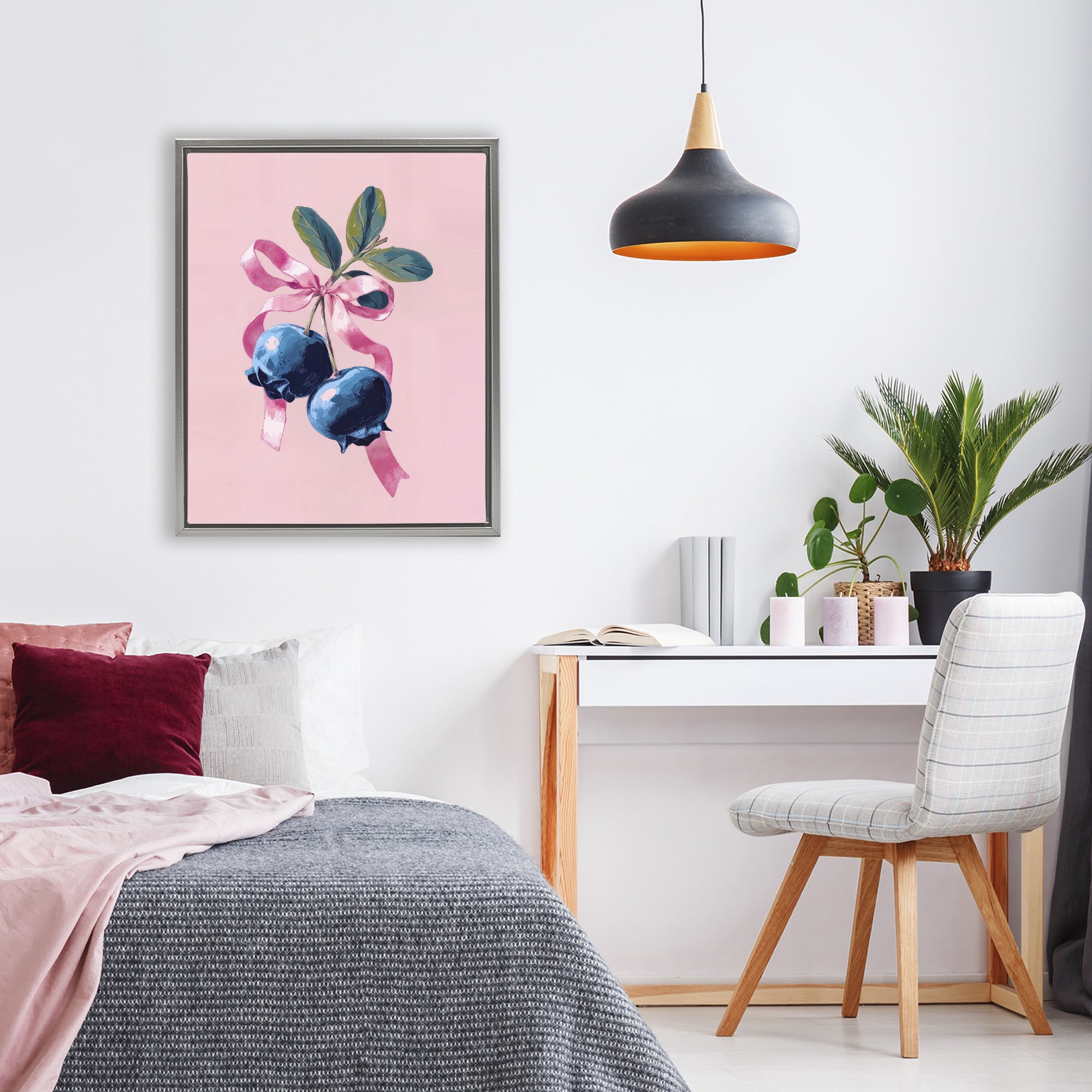 Stupell Industries Blueberry Branch with Pink Bow Gray Framed Floater Canvas Wall Art, design by Imagine It Images