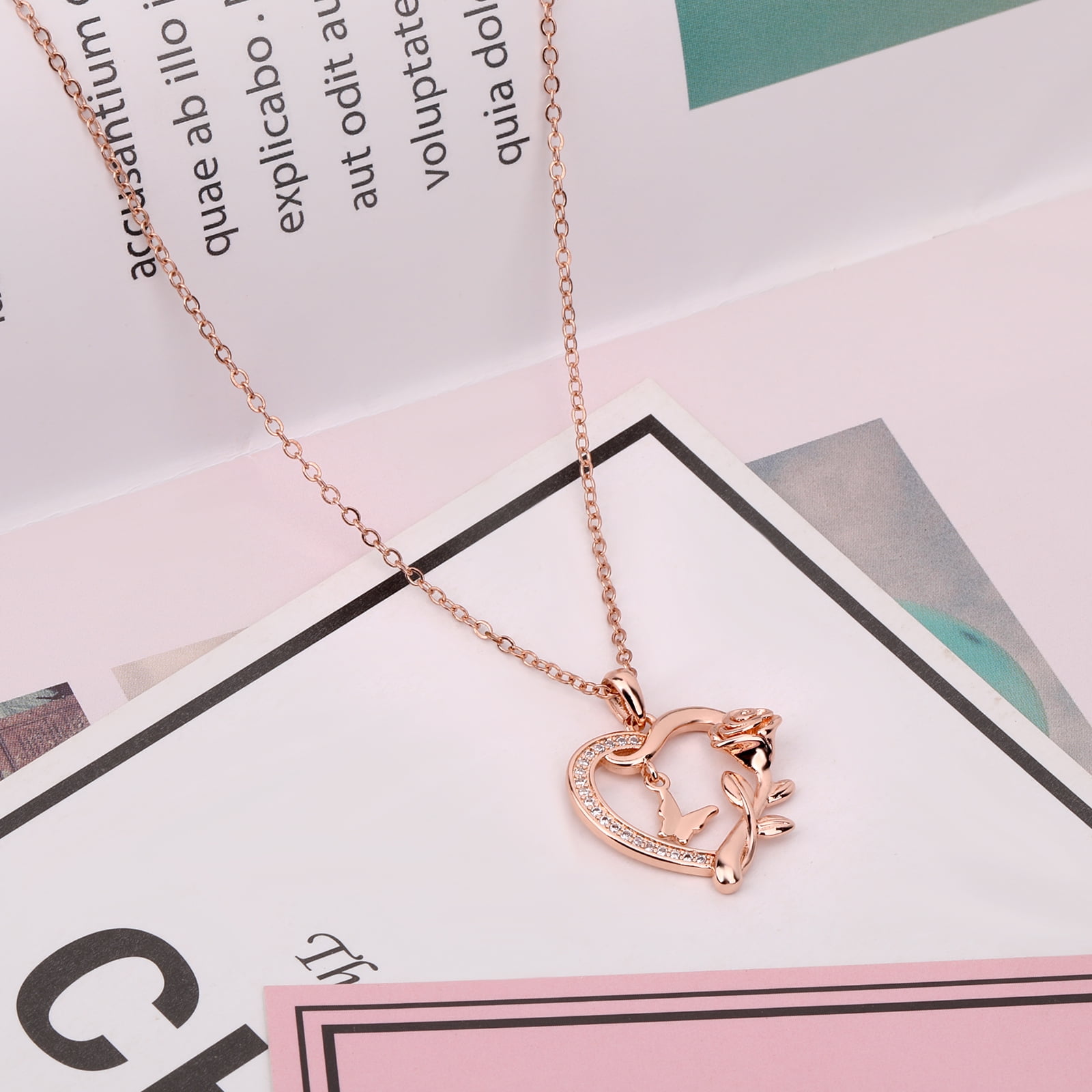 Heart Necklace for Women Rose Gold Plated CZ Romantic Rose and Butterfly Jewelry Gift for Women Birthday Valentine's Day