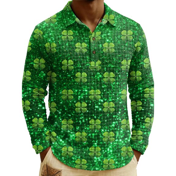Men's St. Patrick's Day Shamrock Henley Long Sleeve Pullover Casual Top Shirt