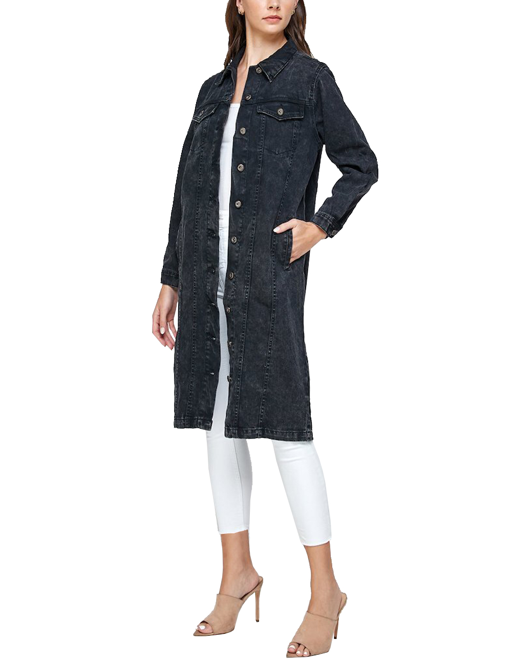 Women's Long Casual Maxi Length Denim Cotton Coat Oversize Button Up Jean Jacket (Mineral Black, M) - image 3 of 6