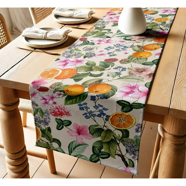 Vargottam Sustainable Cotton Table Runner Textured Twill Fabric Elegant Fruit Print Pattern 14 Inch Wide Washable Runner for Dining, Console, Coffee Tables