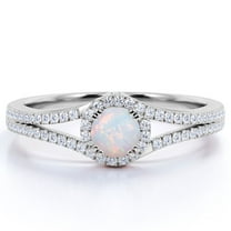JeenMata Vintage .83 ct Round Blue Opal and Moissanite Birthstone Promise Ring in 18K White Gold over Silver