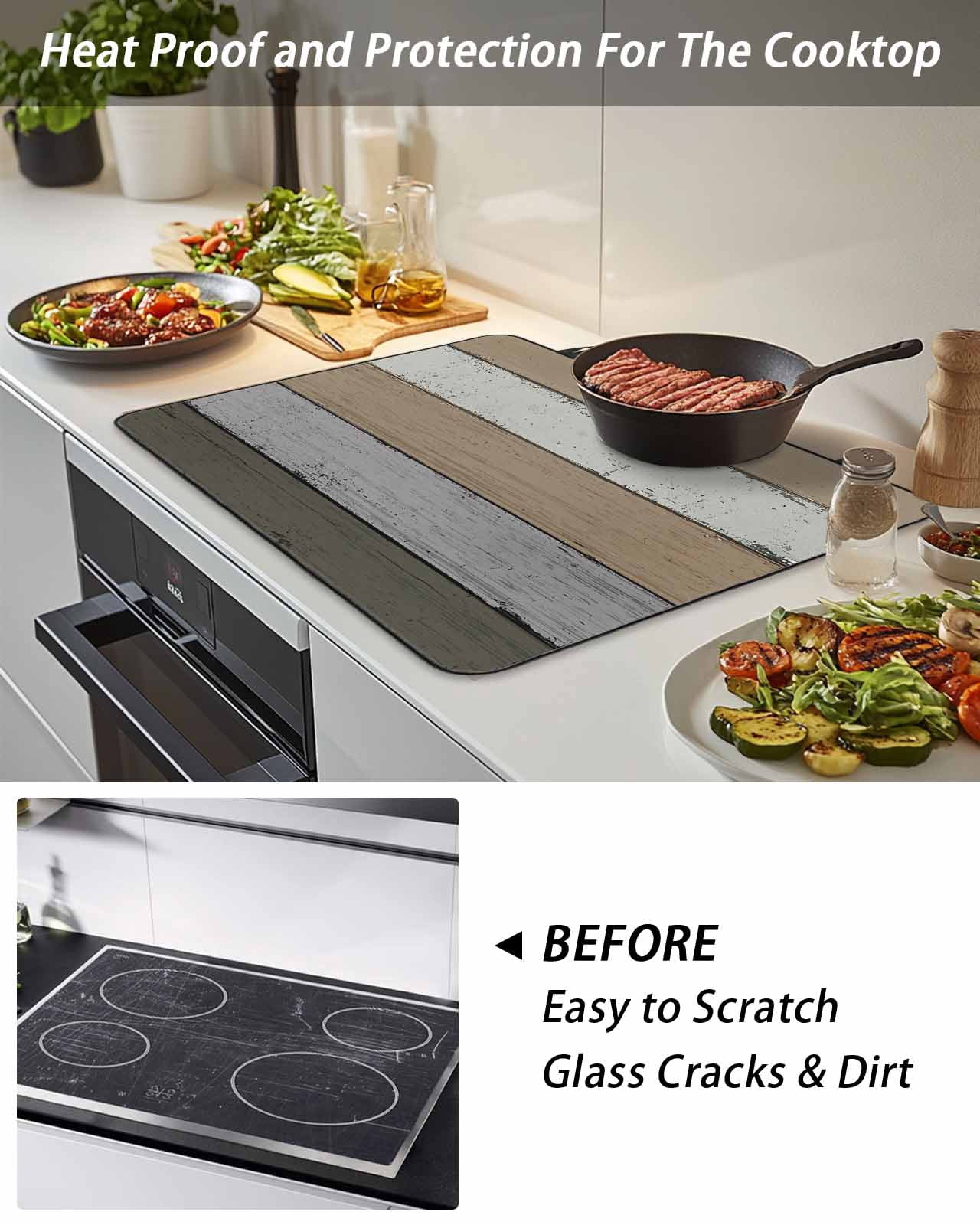 Stove Top Covers for Electric Stove, Brown Wood Grain Glass Stovetop Cover Protector, Vintage Grey Stripe Gradient Grain Induction Cooktop Protector Oven Mat for Kitchen Countertop 24"x21"