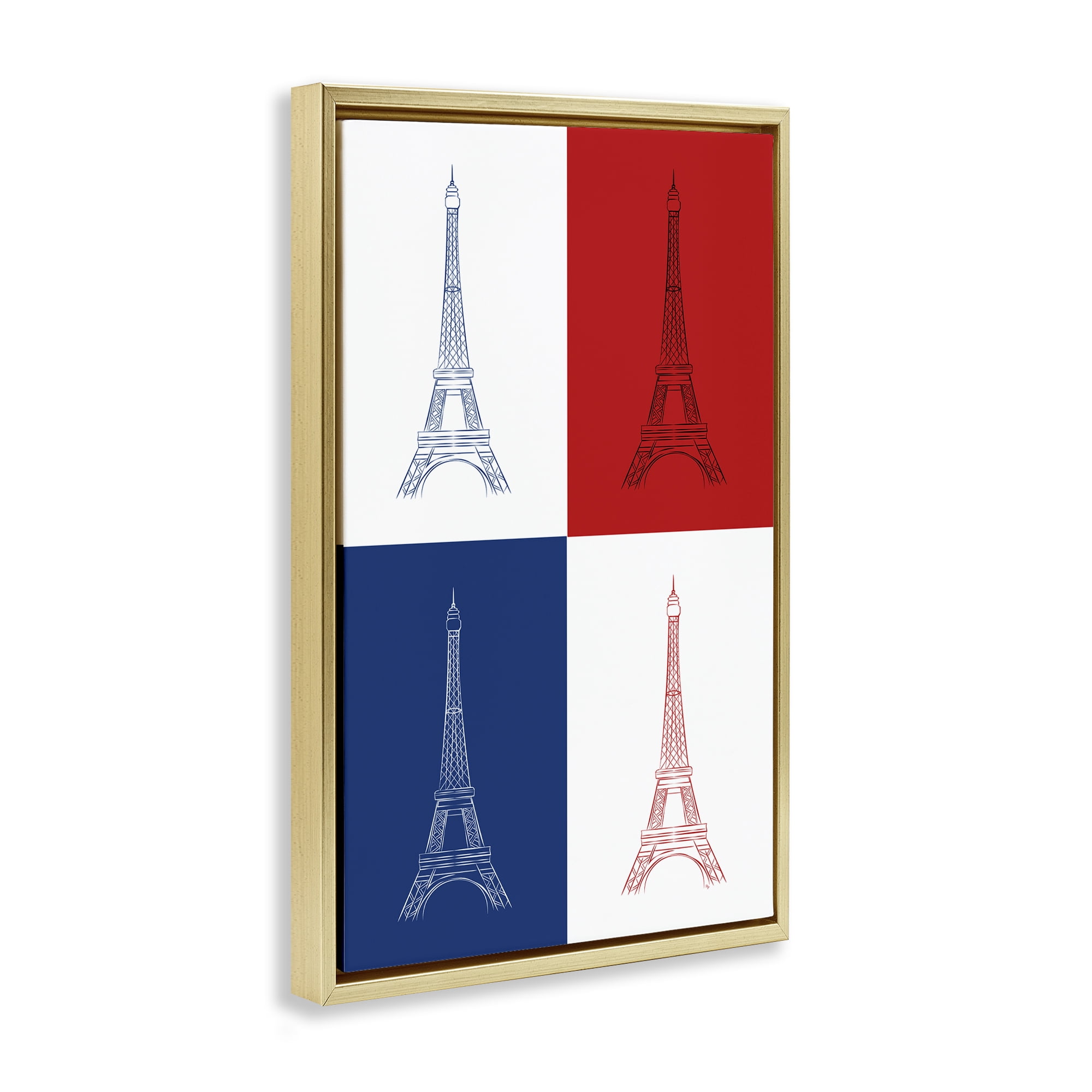 Stupell Industries France Flag Eiffel Tower Buildings & Architecture Painting Gold Floater Framed Canvas Art Print Wall Art, 21 x 31