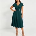 thumbnail image 4 of Women's Plus Size V Neck Short Sleeve Midi Dress, High Waist Flared A-Line Solid Vintage Swing formal Dress Army Green XXL(XXL), 4 of 6