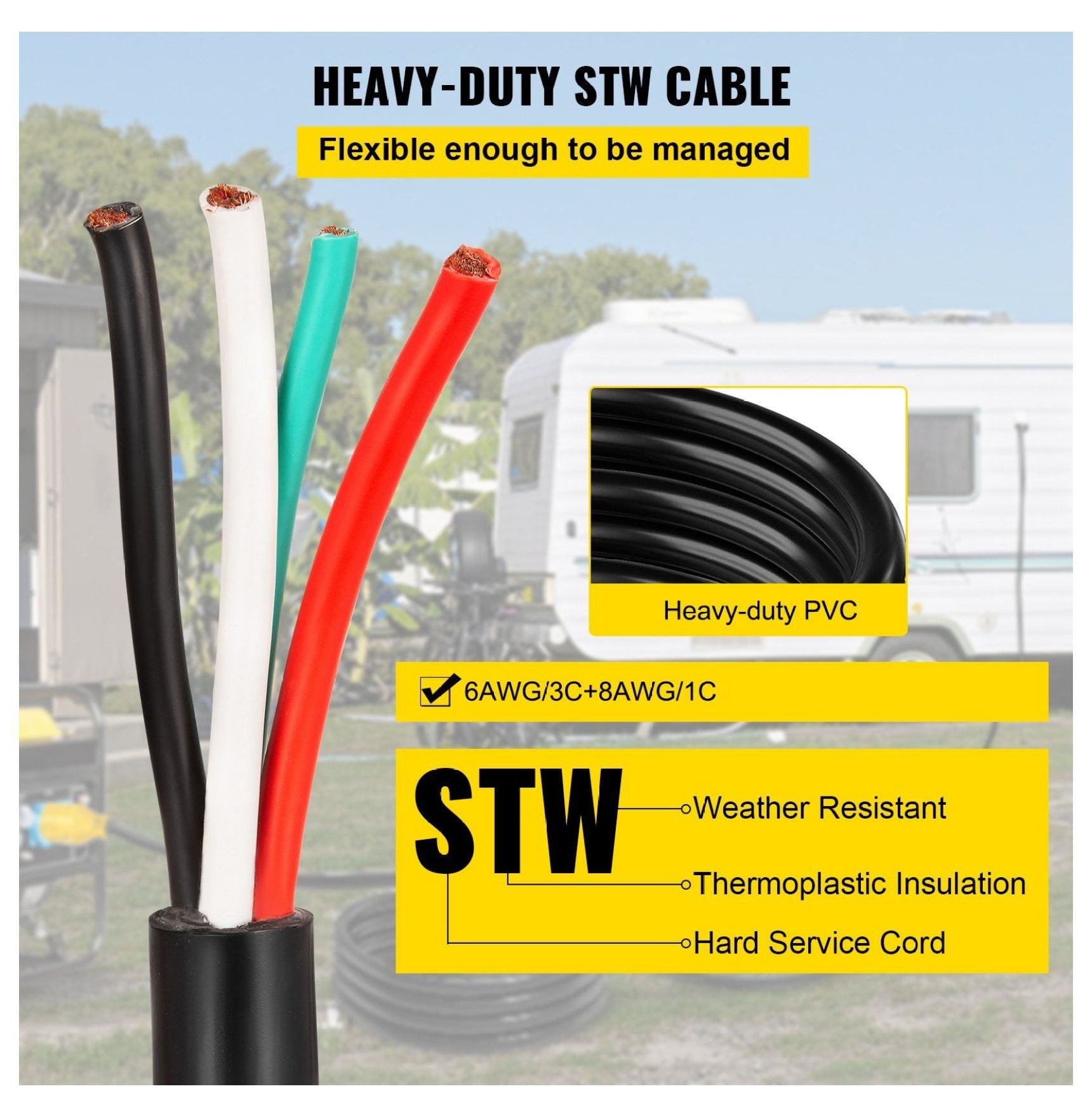 50 Amp Generator Extension Cord 15Ft 6 Gauge 4 Wire STW Generator Power Cord N14-50P to SS2-50R - 12500W RV Generator Cord for Camping & Emergency Power