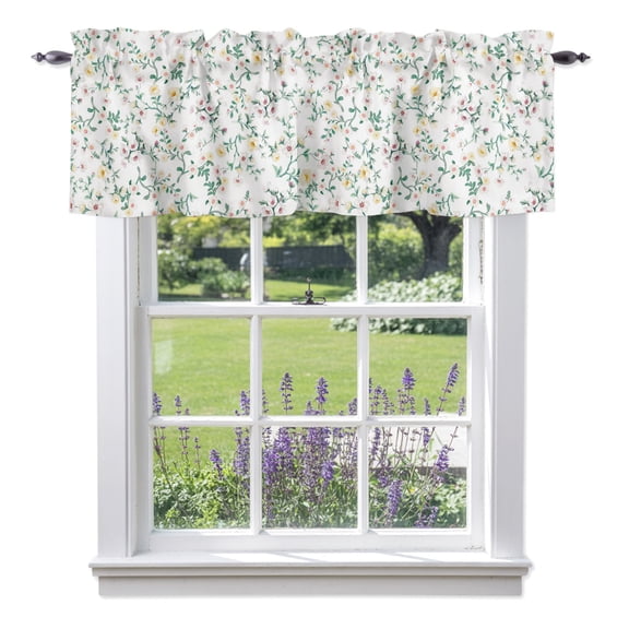 Spring Florals Valances for Windows, Yellow Pink Floral Green Leaf Country Farm Valance Window Treatment Rod Pocket Short Curtains Valances for Kitchen Bathroom 42"W x 12"L