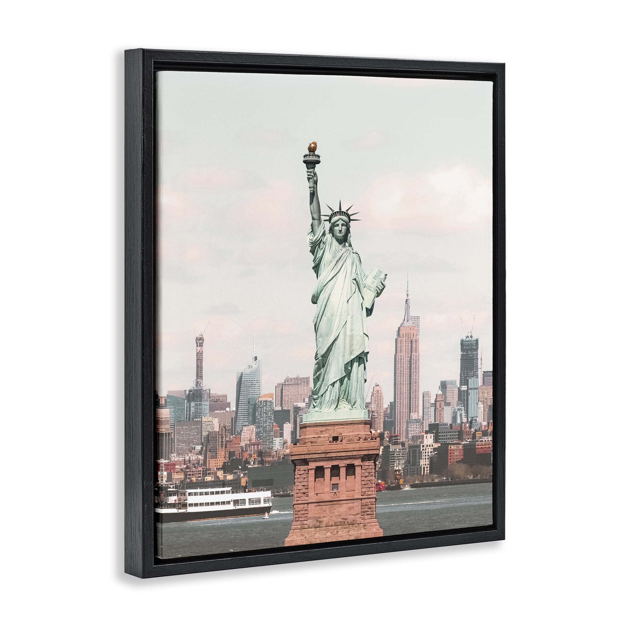 Stupell Industries Statue of Liberty Skyline Cities & Countries Photography Black Floater Framed Canvas Art Print Wall Art, 17 x 21