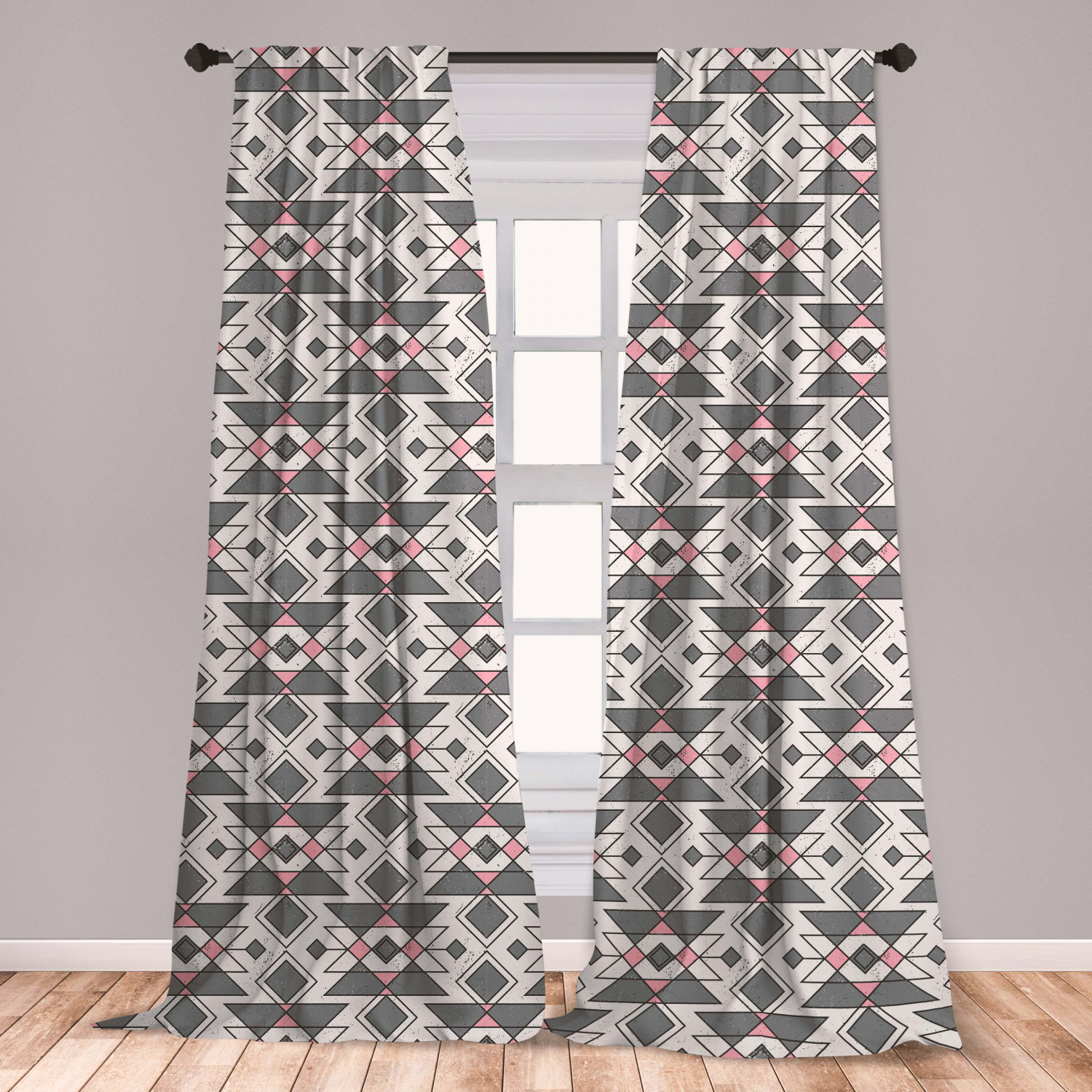 Abstract Curtains 2 Panels Set, Geometric Pattern with Traditional