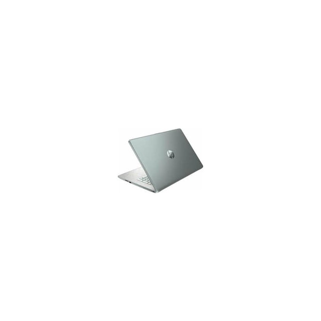 hp laptop 17.3" intel pentium silver n5030 8gb ram 256gb ssd w11 hp 5r3f6ua sage Vista 3/4 trasera de laptop HP color sage con tapa abierta, logo HP centrado, teclado plateado parcialmente visible y bisel estrecho en pantalla de 17.3"; mostrada sobre fondo blanco, adecuada para trabajo diario y reproducción multimedia.