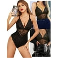 thumbnail image 2 of Chunoy Women Snap Crotch Lingerie Sexy Lace Bodysuit Deep V Teddy One Piece Lace Babydoll, 2 of 7