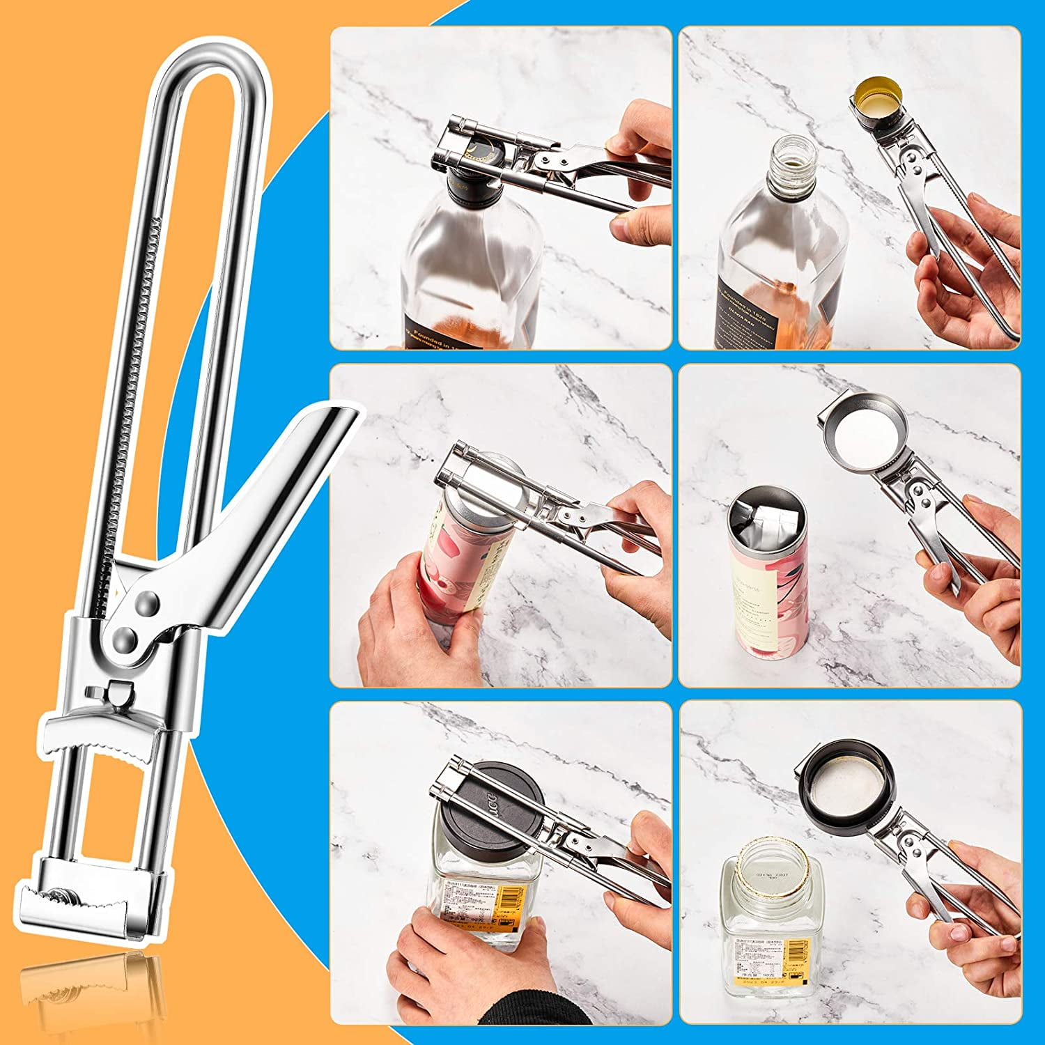 Kepooman 2 Pcs Kitchen Stainless Steel Adjustable Can Opener Handle for Jar Bottle, Silver