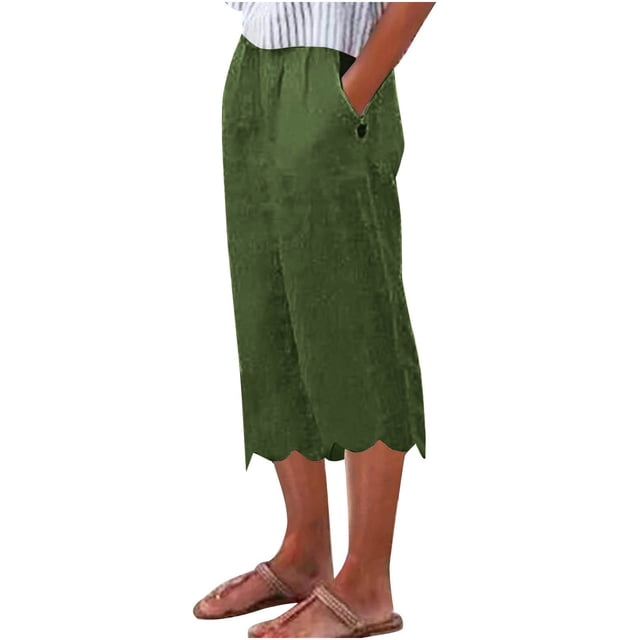 Timegard Capri Pants for Women Straight Leg Elastic Waist Irregular Ruffle Bottom Casual Crop Pants