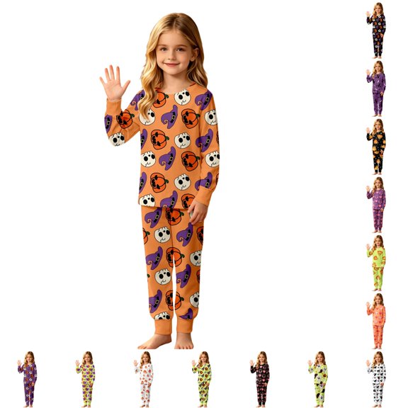 LIIPEE Girls Halloween Graphic Pajamas Long Sleeve Tees And Pants Pajama Sets Kids Fall Sleepwear 3-14 Years