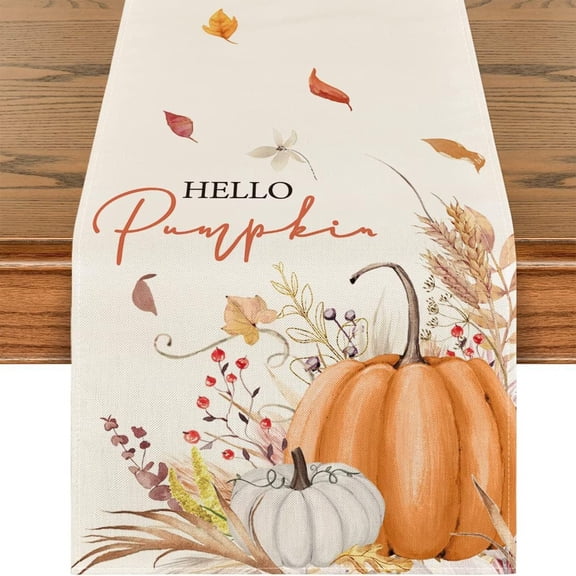 13x72 Inch Thanksgiving Table Runner, Fall Pumpkin & Maple Leaf Tablecloth, Farmhouse Autumn Harvest Kitchen & Dining Party Decor
