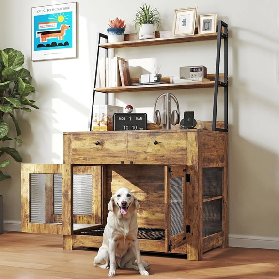 JINSEED 38” Dog Crate Furniture with Storage Shelves, Dog Kennel Indoor Furniture Wooden Dog Crate for Medium Small Dog with Double Doors Brown