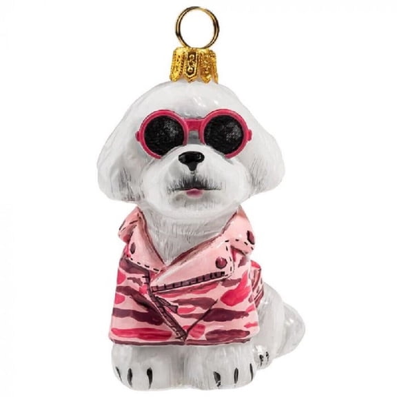 Bichon Frise in Pink Camo Coat and Sunglasses Polish Glass Christmas Ornament