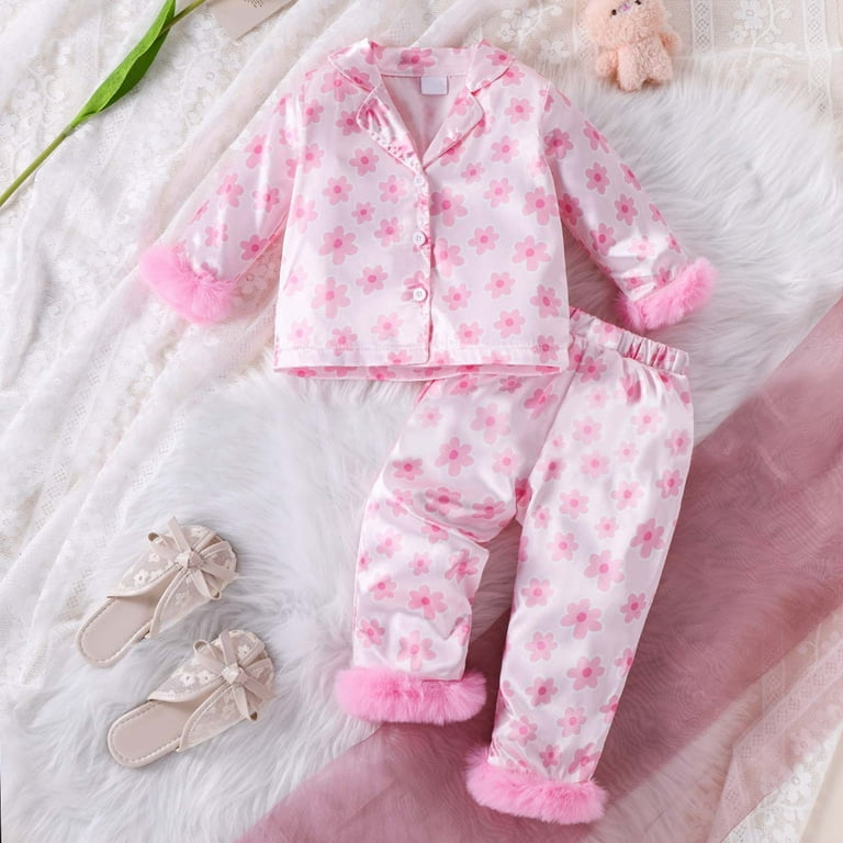 Toddler Girl Boy Satin Silk Pajamas Solid Color Feather Trim Long