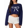 thumbnail image 3 of Fall Long Sleeve Pullover Sweaters for Women Trendy Crewneck Casual Cute Chunky Knit Crop Sweater Navy Blue XL, 3 of 10