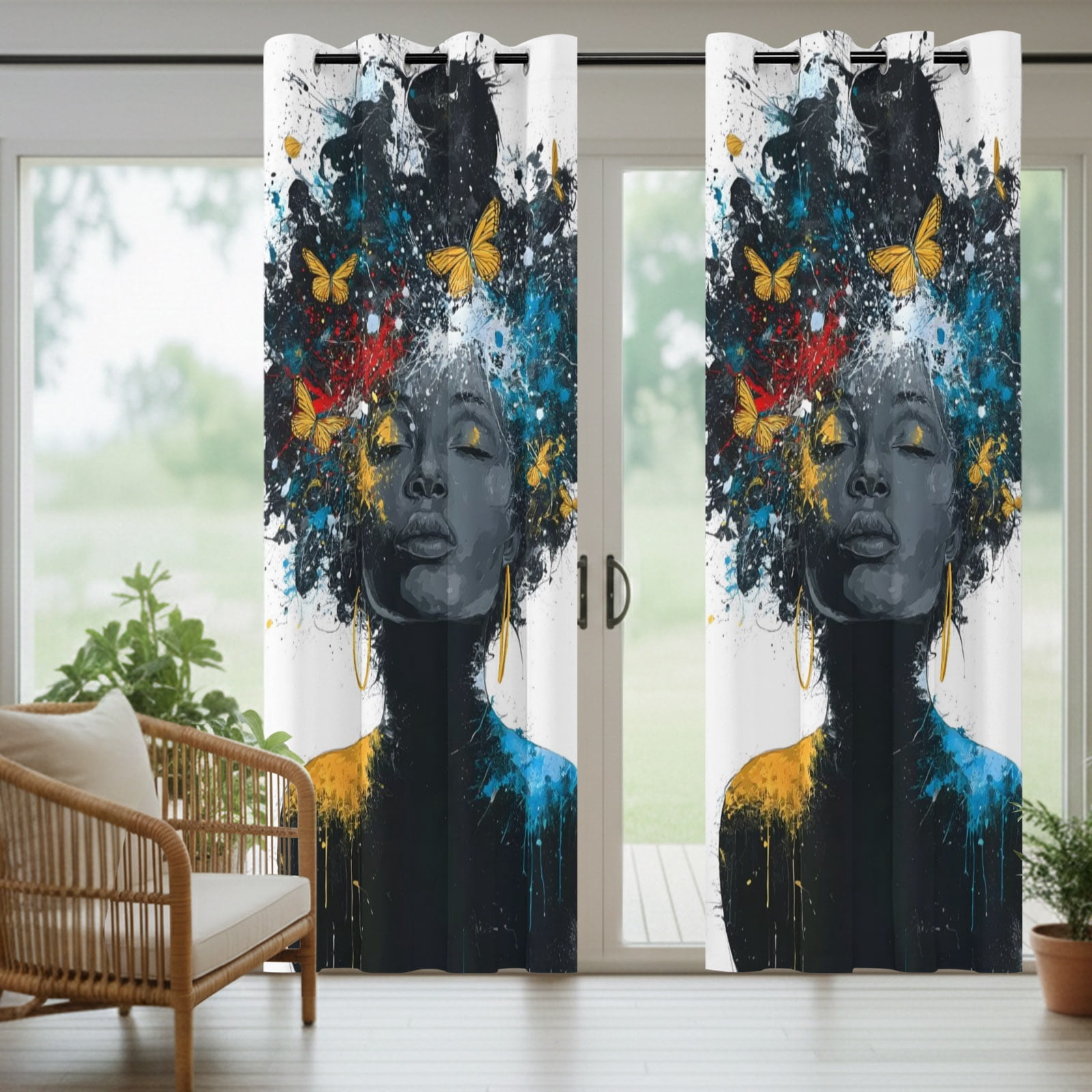 African American Outdoor Curtains for Patio, Female Portrait Butterfly Sparkles Sunshade Privacy Drapes Grommet Waterproof Outside Curtains for Porch/Cabana/Balcony 54"x 108", 1 Panel